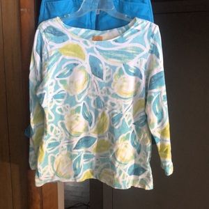 Ruby Rd. Turquoise and Lime green floral top. Size L